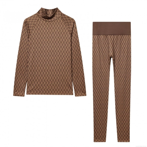 Women's 2 Piece Outfits Mock Neck Geometric Print Long Sleeve Top High Waist Pants Set Stretchy Slim Fit Tracksuit Casual Streetwear Autumn Winter