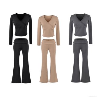 Women's 2 Piece Outfits Casual Cotton Blend Crossover V Neck Long Sleeve Crop Top And High Waist Fold Over Flare Pants Set Loungewear Yoga Tracksuit