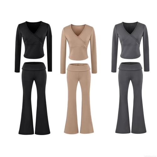 Women's 2 Piece Outfits Casual Cotton Blend Crossover V Neck Long Sleeve Crop Top And High Waist Fold Over Flare Pants Set Loungewear Yoga Tracksuit