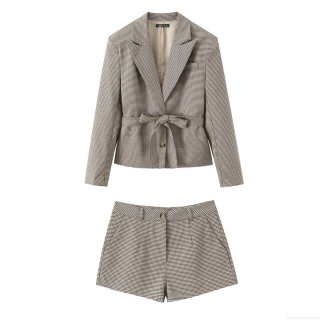 Women Houndstooth Blazer Shorts Set Two Piece Outfit With Belt Long Sleeve Lapel Jacket High Waist Wide Leg Shorts Spring Autumn Fashion Casual Streetwear Set
