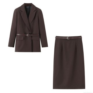 Women's Casual Two Piece Set Solid Color Loose Coffee Blazer And Midi Skirt With Belt Elegant Office Lady Outfits For Autumn Spring Polyester Suits