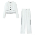 Women's 2 Piece Polyester Suit Set Elegant Contrast Trim Round Neck Blazer and Straight Leg Pants Office Lady Casual Streetwear White Outfit