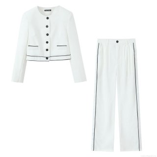 Women's 2 Piece Polyester Suit Set Elegant Contrast Trim Round Neck Blazer and Straight Leg Pants Office Lady Casual Streetwear White Outfit