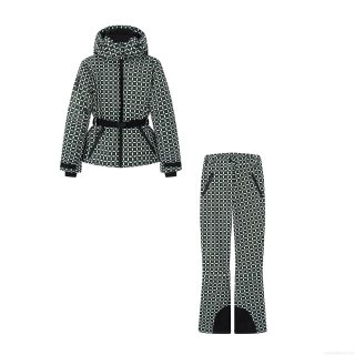 Women's Ski Suit Set Green Geometric Checkered Hooded Padded Jacket And Pants With Belt Winter Outdoor Sport Warm Windproof Fashion Outfit