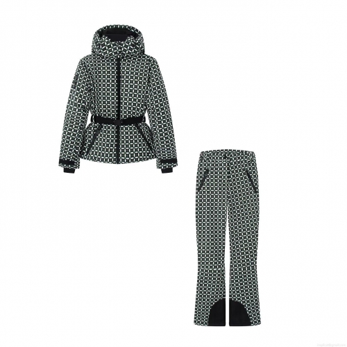 Women's Ski Suit Set Green Geometric Checkered Hooded Padded Jacket And Pants With Belt Winter Outdoor Sport Warm Windproof Fashion Outfit