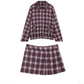 Women's Plaid Jacket And Skort Set Leather Effect Patchwork Collar Long Sleeve Zipper Bomber Jacket Pleated Mini Skort 2 Piece Outfit Preppy Streetwear Wine Red
