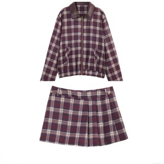 Women's Plaid Jacket And Skort Set Leather Effect Patchwork Collar Long Sleeve Zipper Bomber Jacket Pleated Mini Skort 2 Piece Outfit Preppy Streetwear Wine Red
