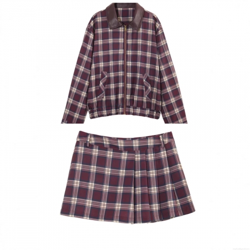 Women's Plaid Jacket And Skort Set Leather Effect Patchwork Collar Long Sleeve Zipper Bomber Jacket Pleated Mini Skort 2 Piece Outfit Preppy Streetwear Wine Red