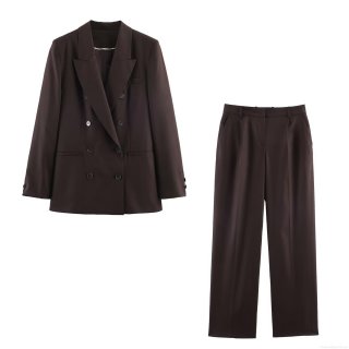 Women Professional Coffee Dark Brown Blazer and Pants Suit Set with Shoulder Pads Office Lady Casual Streetwear Two Piece Outfit Polyester Suit