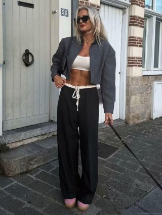 Women's Fashion Striped Two-Piece Suit Set 100% Polyester Stand Collar Short Jacket and High Waist Wide Leg Pants Casual Streetwear Outfits For Women