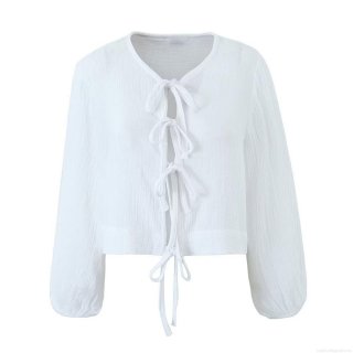 Women's Casual Two Piece Pants Set Pleated Long Sleeve Tie Up Top and Elastic Waist Wide Leg Pants Set Solid Color Streetwear Outfit for Women