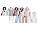 Women Color Block Blazer And Pants Set Polyester Blend Contrast Trim Notch Lapel Single Button Suit Set Office Business Casual Western Style Streetwear Two Piece Outfits