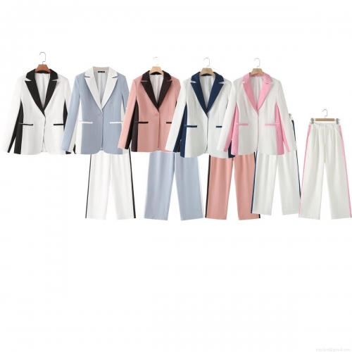 Women Color Block Blazer And Pants Set Polyester Blend Contrast Trim Notch Lapel Single Button Suit Set Office Business Casual Western Style Streetwear Two Piece Outfits