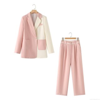Women Fashion Color-Blocked Blazer Set Patchwork Two-Piece Suit With Long Sleeve Single Button Jacket And Straight Leg Pants For Office Streetwear Pink White