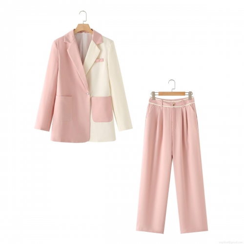 Women Fashion Color-Blocked Blazer Set Patchwork Two-Piece Suit With Long Sleeve Single Button Jacket And Straight Leg Pants For Office Streetwear Pink White