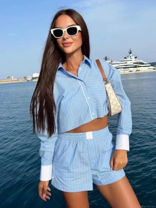 Women's 2 Piece Striped Shorts Set Long Sleeve Lapel Crop Shirt And High Waist Elastic Shorts Set 100% Polyester Contrast Color Beach Vacation Streetwear Outfit