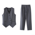 Women's 2 Piece Outfits Business Casual V Neck Sleeveless Vest And High Waist Straight Leg Pants Set Solid Color Slim Fit Suit For Work Streetwear