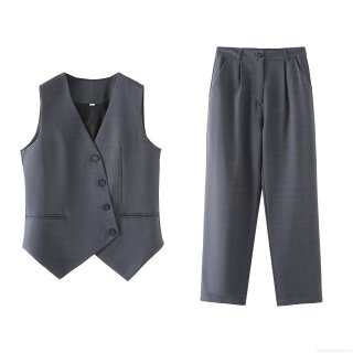 Women's 2 Piece Outfits Business Casual V Neck Sleeveless Vest And High Waist Straight Leg Pants Set Solid Color Slim Fit Suit For Work Streetwear