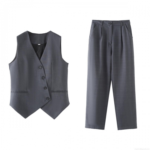 Women's 2 Piece Outfits Business Casual V Neck Sleeveless Vest And High Waist Straight Leg Pants Set Solid Color Slim Fit Suit For Work Streetwear