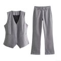 Women's Casual 2-Piece Pant Set Grey Sleeveless V-Neck Asymmetric Vest and Flare Leg Trousers Elegant Street Style Suit Outfit