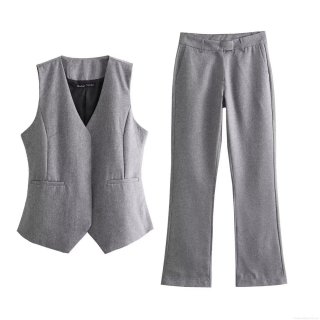 Women's Casual 2-Piece Pant Set Grey Sleeveless V-Neck Asymmetric Vest and Flare Leg Trousers Elegant Street Style Suit Outfit