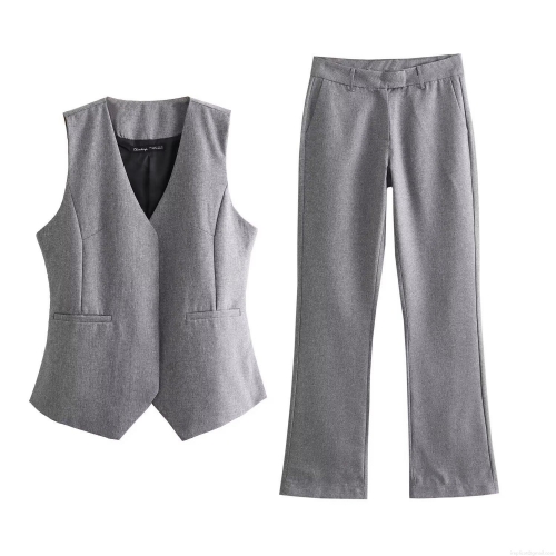Women's Casual 2-Piece Pant Set Grey Sleeveless V-Neck Asymmetric Vest and Flare Leg Trousers Elegant Street Style Suit Outfit