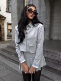 Women's Two Piece Outfits Casual Long Sleeve Cropped Blazer Jacket And High Waist Pleated Mini Skirt Set Solid Color Woven Polyester Suit For Office Streetwear