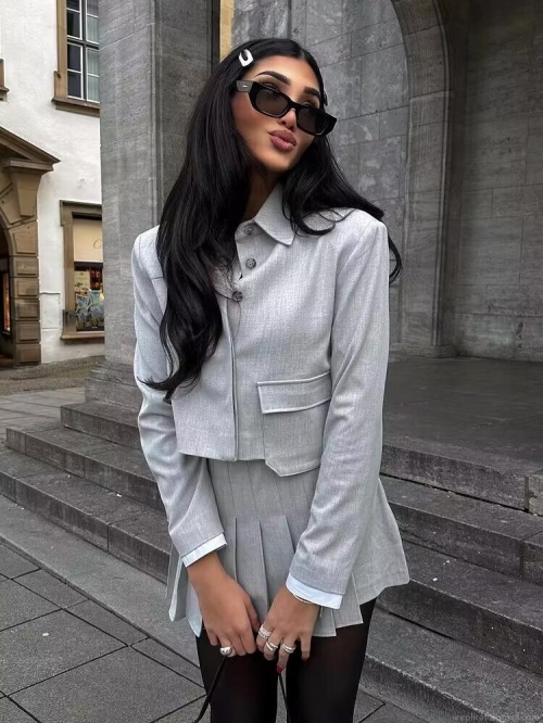 Women's Two Piece Outfits Casual Long Sleeve Cropped Blazer Jacket And High Waist Pleated Mini Skirt Set Solid Color Woven Polyester Suit For Office Streetwear