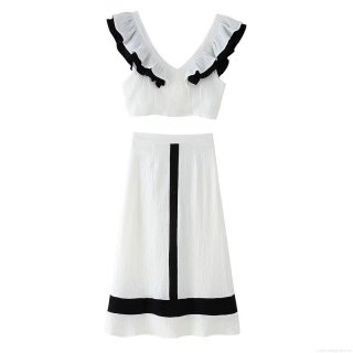 Women's Two Piece Skirt Set 100% Polyester Crumpled Fabric V-Neck Ruffle Crop Top And High Waist Contrast Trim Midi Skirt Casual Summer Vacation Outfit