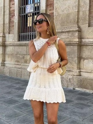 Women's Bohemian Knit 2 Piece Outfits Crochet Hollow Out Sleeveless Top And Ruffle Mini Skirt Set Summer Beach Vacation Streetwear