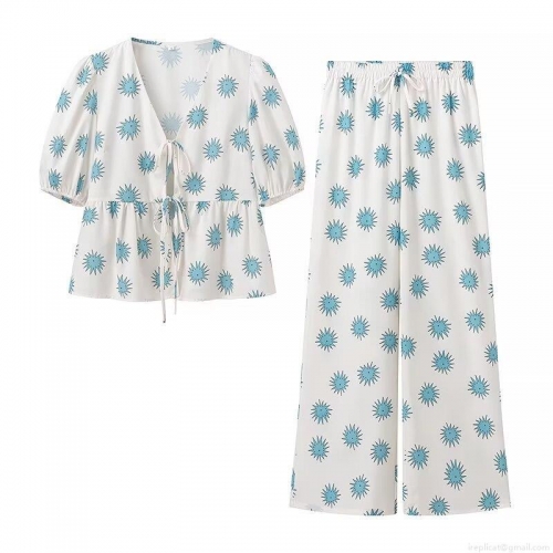 Women's Casual Pajama Set V-Neck Tie Front Short Sleeve Top and Wide Leg Long Pants Two Piece Loungewear Polyester Sun Star Print Summer Streetwear