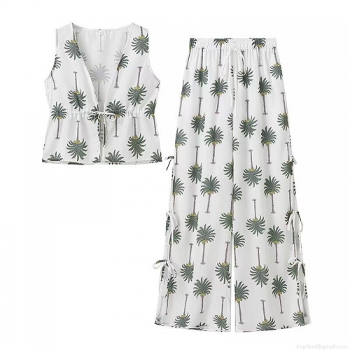 Women's 2 Piece Pants Set Polyester Lace-up V-Neck Sleeveless Crop Top and Wide Leg Long Pants Tropical Vacation Beach Summer Palm Tree Print Casual Outfit
