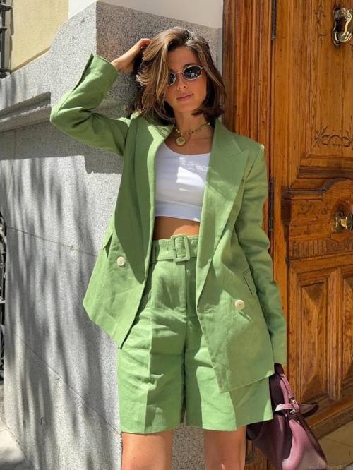 Women's 2-Piece Blazer and Shorts Set Solid Grass Green Double Breasted Loose Suit With Belt Casual Summer Autumn Streetwear Outfit