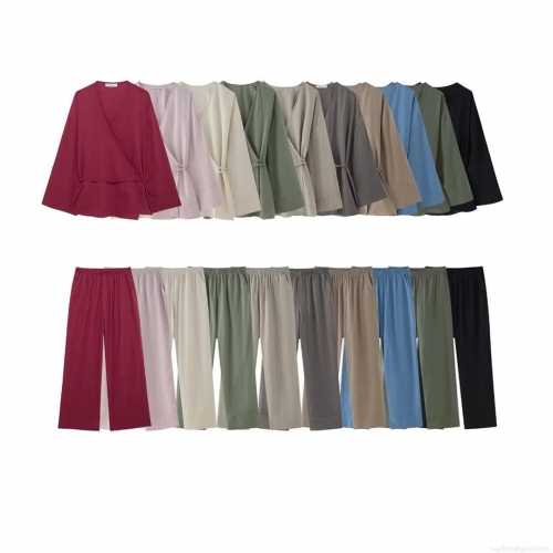 Women's Casual Kimono Style Two-Piece Set V-Neck Tie Wrap Top and Straight Leg Pants 100% Polyester Solid Color Loungewear Streetwear Suit