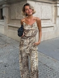 Women Sexy Leopard Print Two Piece Set Satin Cowl Neck Camisole Top And High Waist Wide Leg Pants Streetwear Outfits