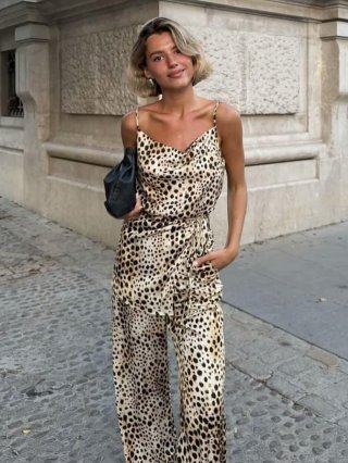 Women Sexy Leopard Print Two Piece Set Satin Cowl Neck Camisole Top And High Waist Wide Leg Pants Streetwear Outfits
