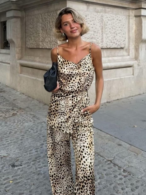 Women Sexy Leopard Print Two Piece Set Satin Cowl Neck Camisole Top And High Waist Wide Leg Pants Streetwear Outfits