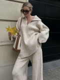 Women's 2 Piece Knitted Outfits Casual Loose Half-Zip Pullover Sweater and Wide Leg Pants Set Ribbed Knit Fall Winter Tracksuit Loungewear