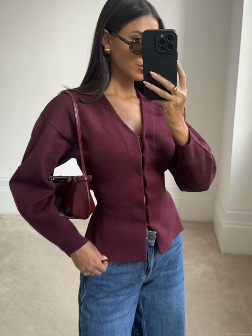 Women's Elegant Knitted Two Piece Set Long Sleeve V Neck Peplum Top And High Waist Bodycon Mini Skirt Suit Solid Color Wine Red Streetwear Outfits For Social Party