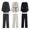 Women's Professional Blazer Jacket And High Waist Straight Pants Set With Belt Solid Color Polyester Office Commuter Street Style Two Piece Outfits For Women