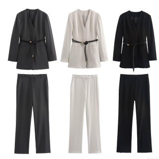 Women's Professional Blazer Jacket And High Waist Straight Pants Set With Belt Solid Color Polyester Office Commuter Street Style Two Piece Outfits For Women