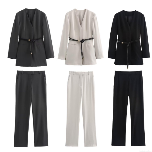 Women's Professional Blazer Jacket And High Waist Straight Pants Set With Belt Solid Color Polyester Office Commuter Street Style Two Piece Outfits For Women