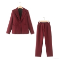 Women's Casual Blazer Pants Set Single Breasted Woolen Texture Suit Jacket High Waist Wide Leg Trousers Business Office Two Piece Outfits Wine Red