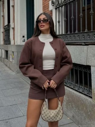 Women's Dark Brown Two Piece Skirt Set 100% Polyester Woven Crew Neck Balloon Sleeve Short Jacket and Mini A-Line Skirt Street Fashion Casual Outfit Set
