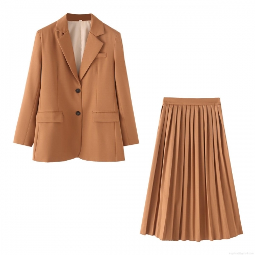 Women's Elegant Blazer and Pleated Midi Skirt Two Piece Set Long Sleeve Solid Color Polyester Professional Suit Outfits for Office Streetwear