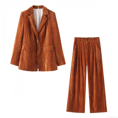 Women's 2 Piece Blazer Pants Set Pleated Velvet Long Sleeve Single Breasted Jacket High Waisted Wide Leg Trousers Elegant Office Lady Street Fashion Outfits