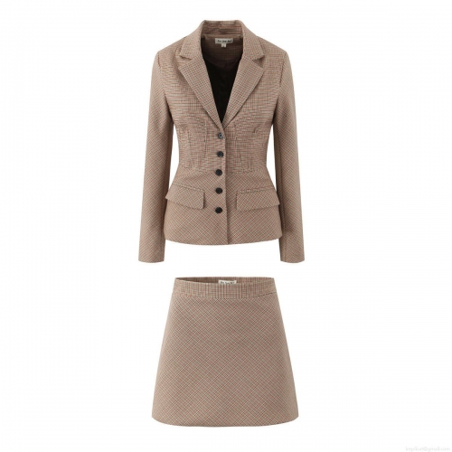 Women Houndstooth Tweed Blazer Jacket And A-Line Mini Skirt Two Piece Set With Faux Fur Collar Slim Fit Single Breasted Outfits For Office Streetwear