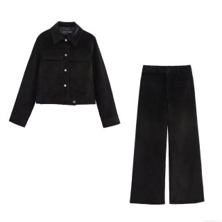 Women's Black Corduroy Two Piece Set Fashion Short Utility Jacket And High Waist Wide Leg Pants Streetwear Casual Suit Solid Color Long Sleeve Button Coat Trousers Outfits