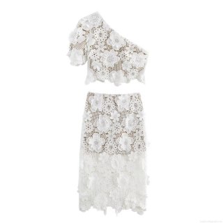 Women 3D Floral Lace One Shoulder Top and Midi Skirt Set Elegant White Crochet Two Piece Outfits for Party Streetwear