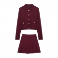 Women's European American Style Knit Two Piece Set Metal Button Long Sleeve Cardigan And High Waist Pleated Mini Skirt Wine Red Streetwear Outfit